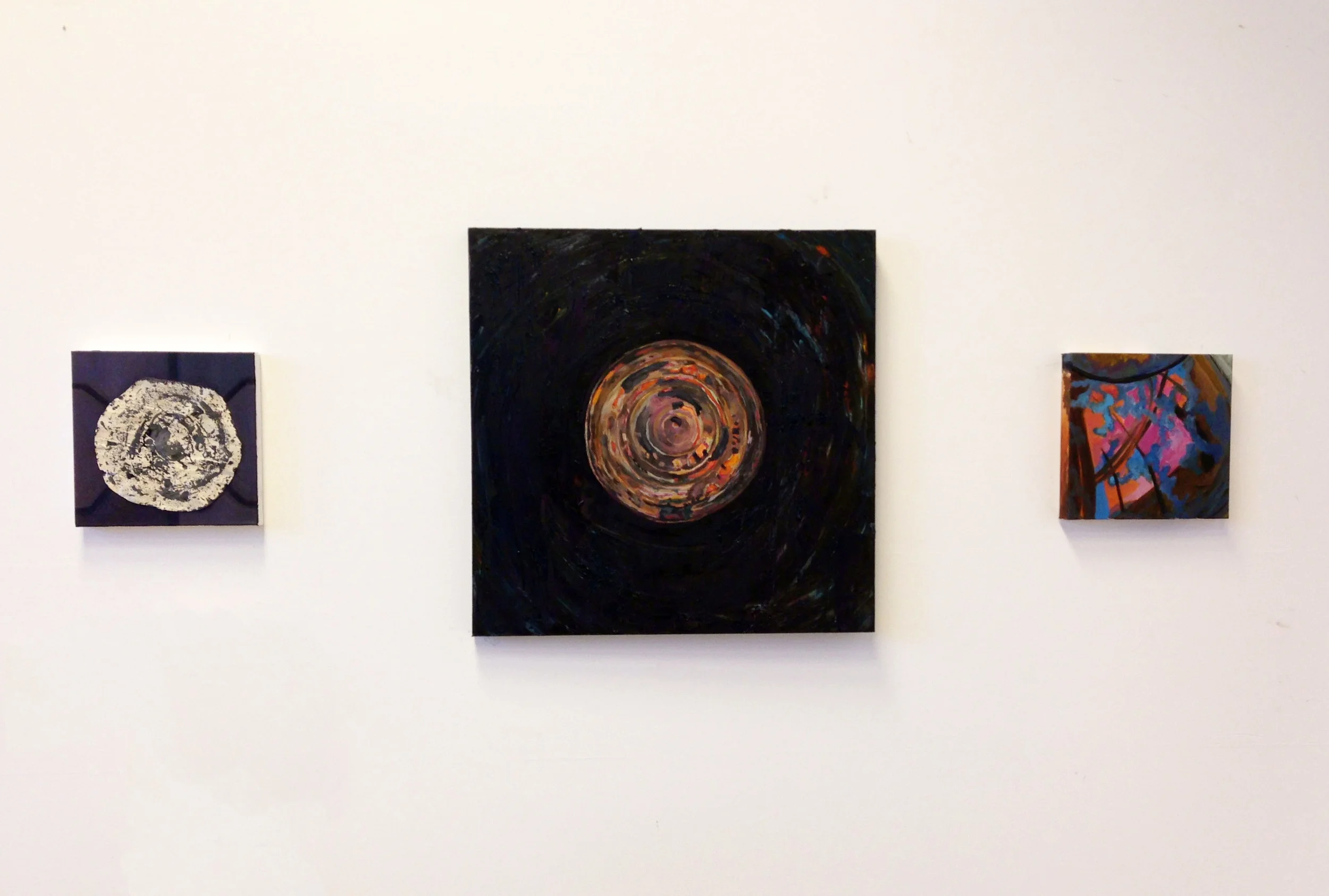 Teapot triptych, 12” x 12”, 30” x 30”, 12” x 12”,  Oil paint, acrylic paint, masking tape, and ashes on canvas