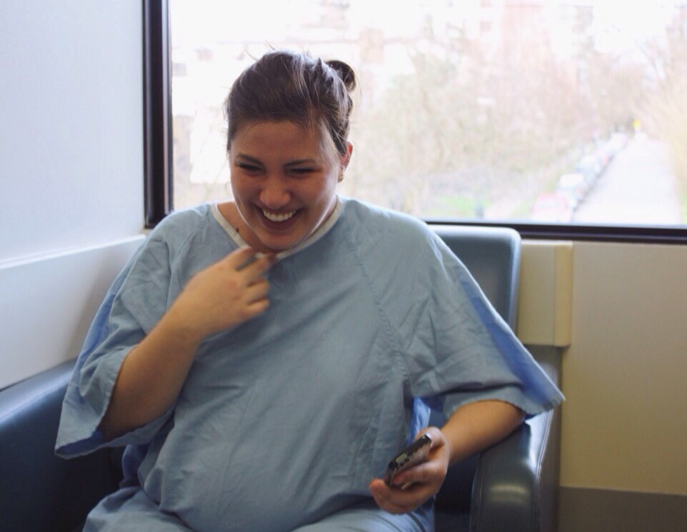 Crying laughing while in labour with my daughter, Brooklyn. It was a really funny post about babies who look like old people.