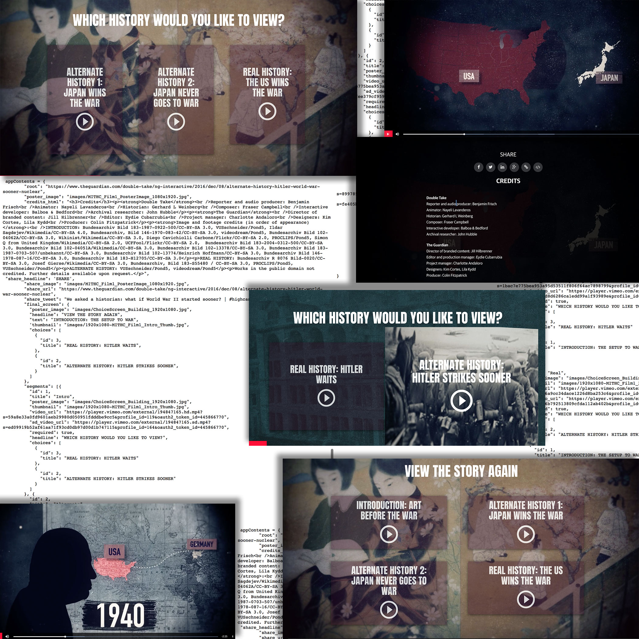 Stills from the interactive screens and screenshots of the editable JSON template for the interactive video player