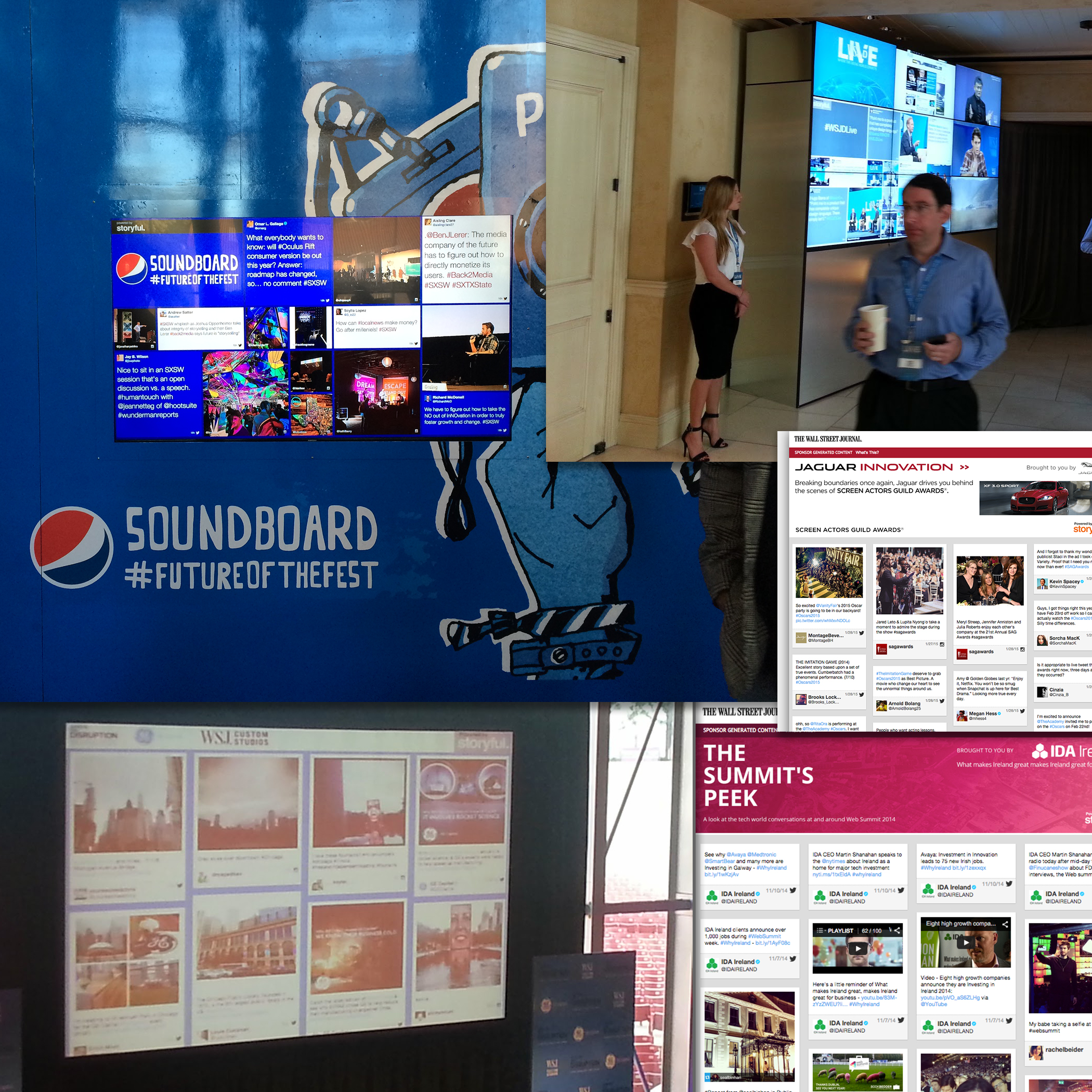 Photographs of media installations and screenshots of digital social media walls for Storyful