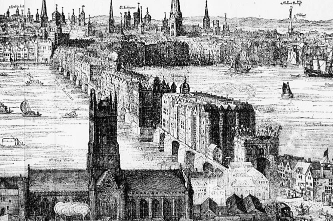 An engraving of the bridge in 1616. Over 200 buildings were built on top.