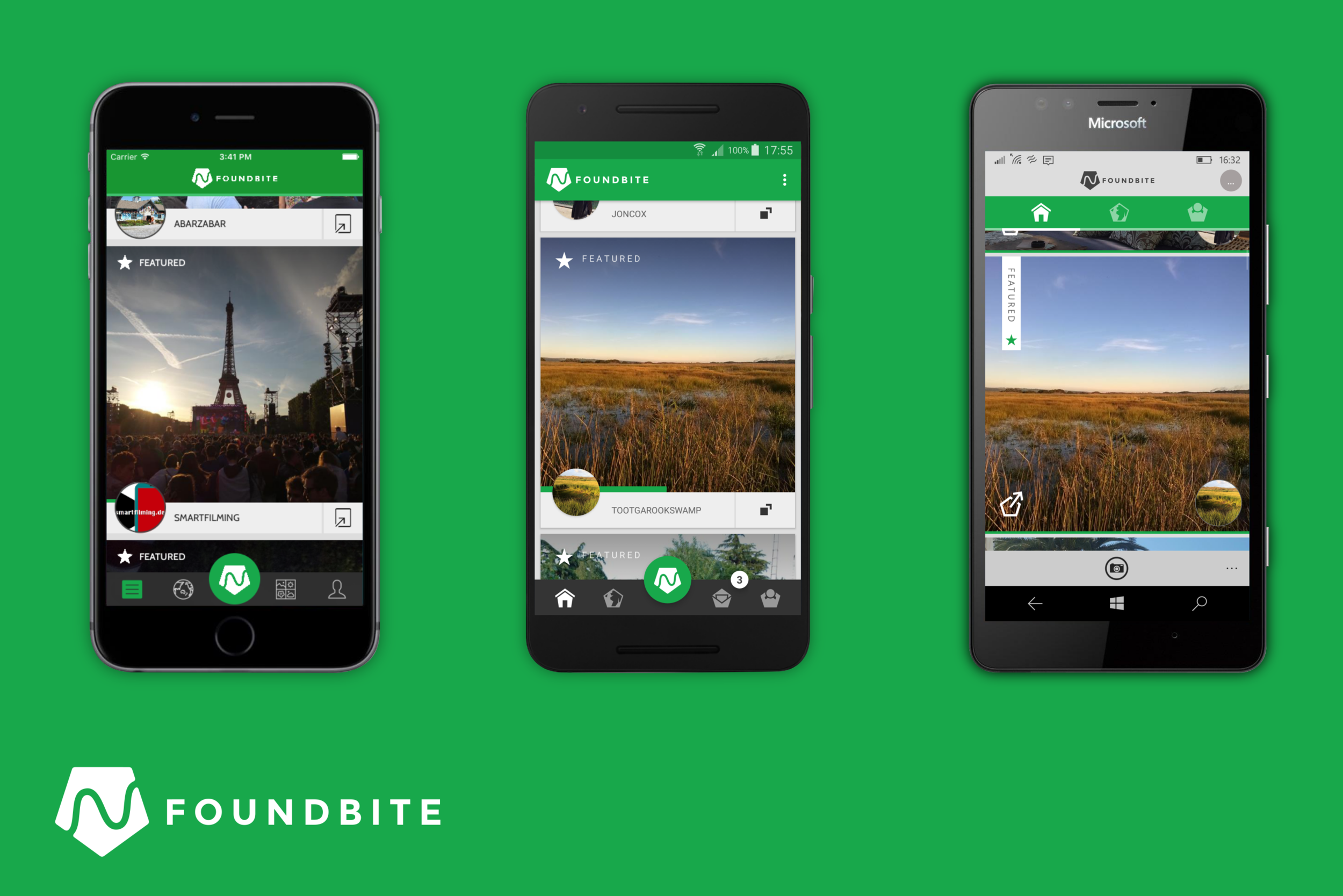 The Foundbite app running on Android, iOS and Windows Phone. Using Xamarin we were able to have a large amount of shared code. We also kept a similar user experience across all apps while keeping each in tune with the design patterns of each platform.