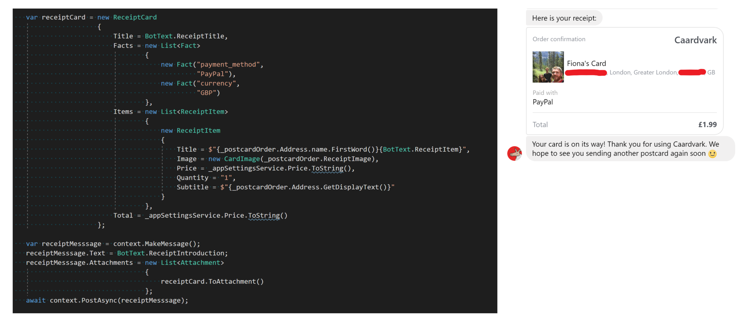 The Bot Framework code on the left to create a Rich Receipt Card and the output in Facebook Messenger on the right.