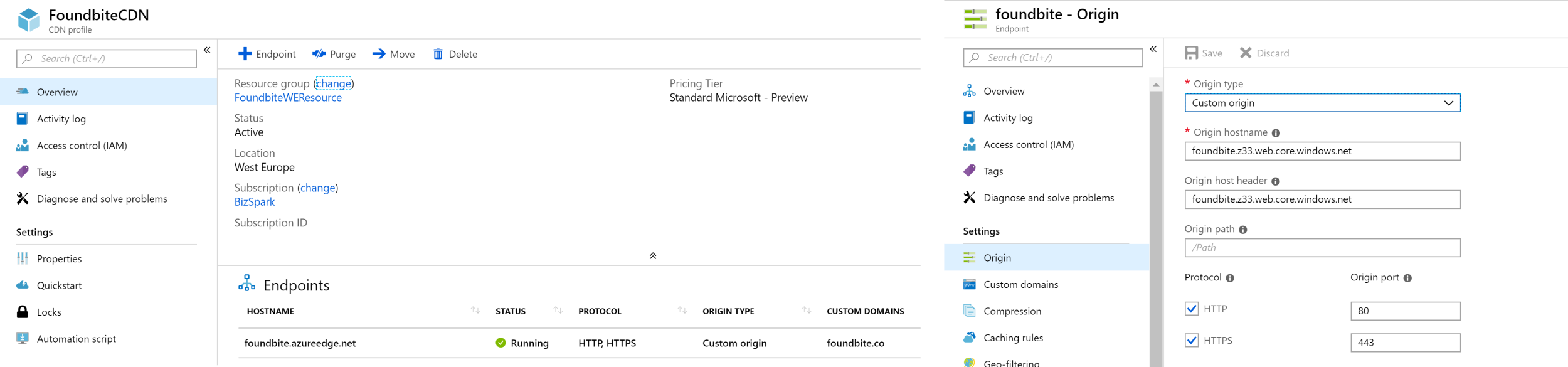 The view after creating the CDN and, on the left, adding a custom origin pointing to our Azure Storage Static site.