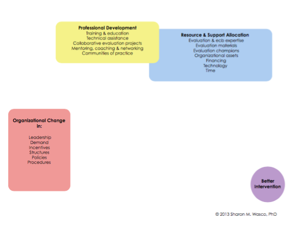 Three major evaluation capacity building strategies in three primary colors.