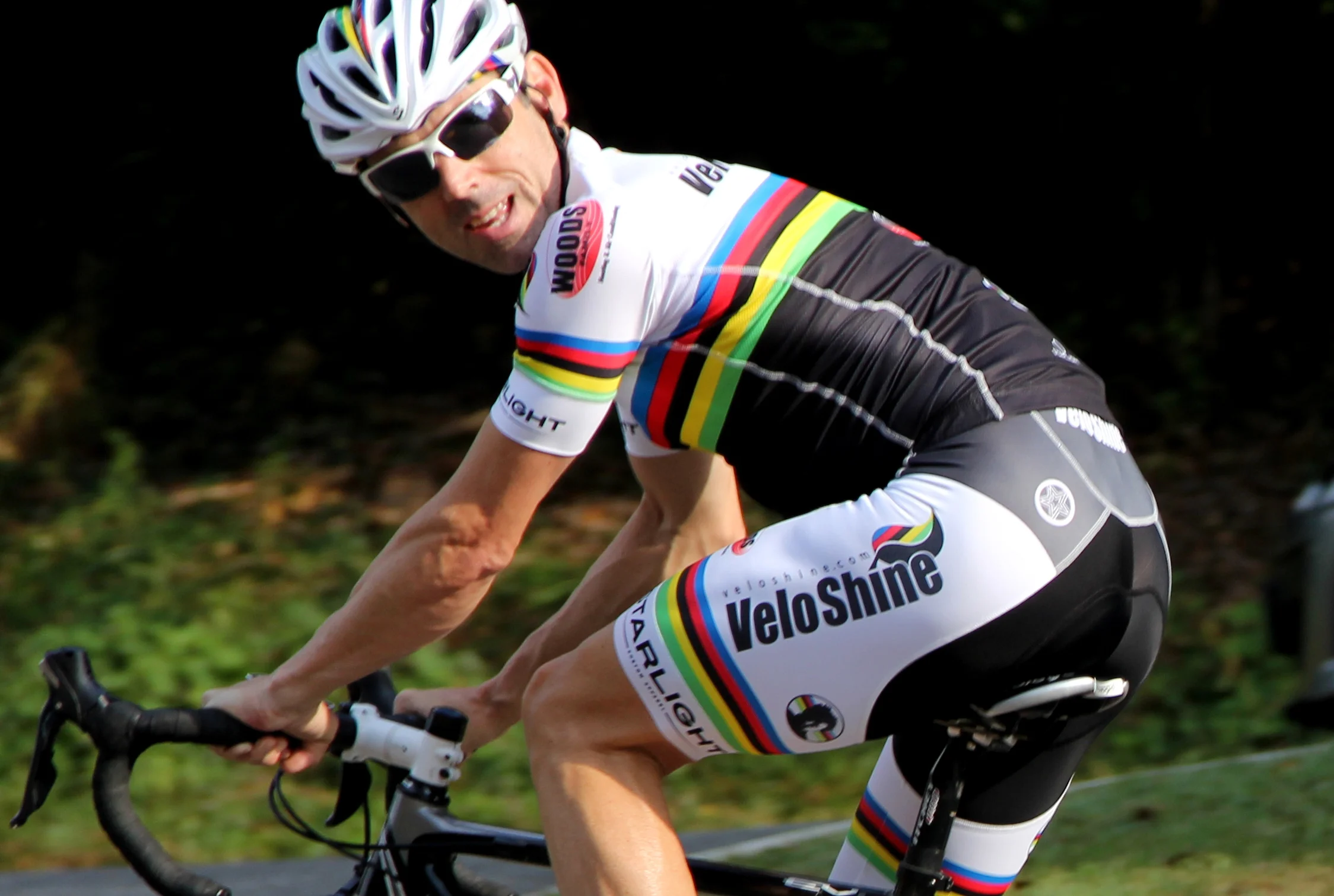 Most custom cycling apparel brands won't line up patterns over seams. You can see here with Scottie's World Champion stripes that it's no problem for us.