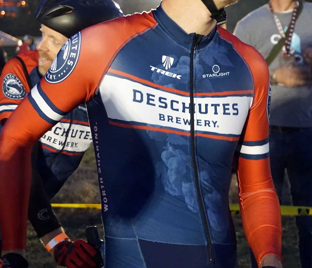 The smooth lycra is great for printing high resolution on like on the hops of this Deschutes Brewery suit.