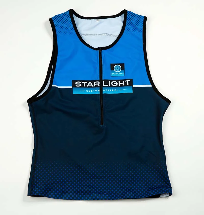 Half zip for men, no zip for women. Women's top has shelf bra insert.