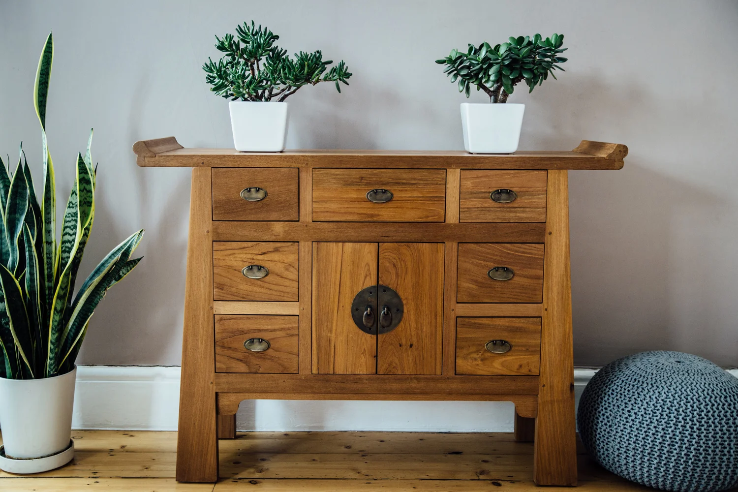 KOAN sideboard. Smooth, honey coloured finish. Reclaimed teak.