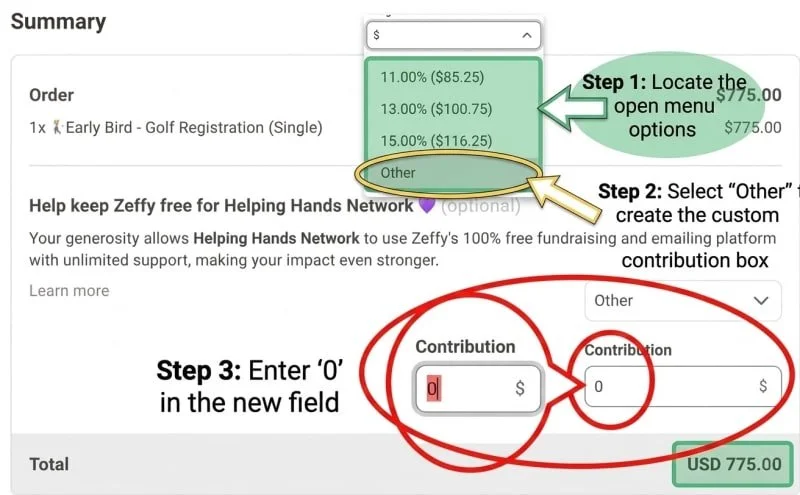 Instructions with three steps on how to contribute to Helping Hands Network, including: 1. Locate the open menu options, 2. Select 'Other' to create a custom contribution, 3. Enter '0' in the new contribution field.