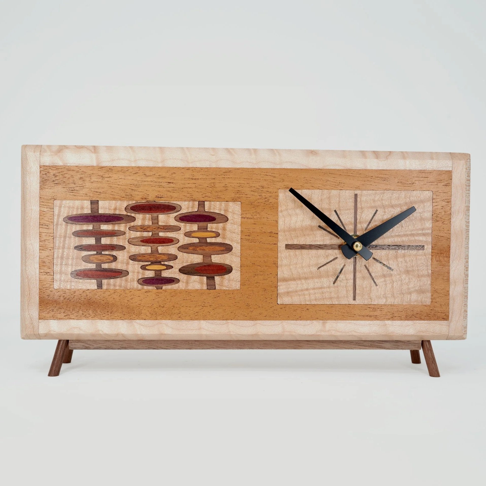 Googie Credenza Clock with colorful wood inlay, handmade in Los Angeles by Eric Blackwell
