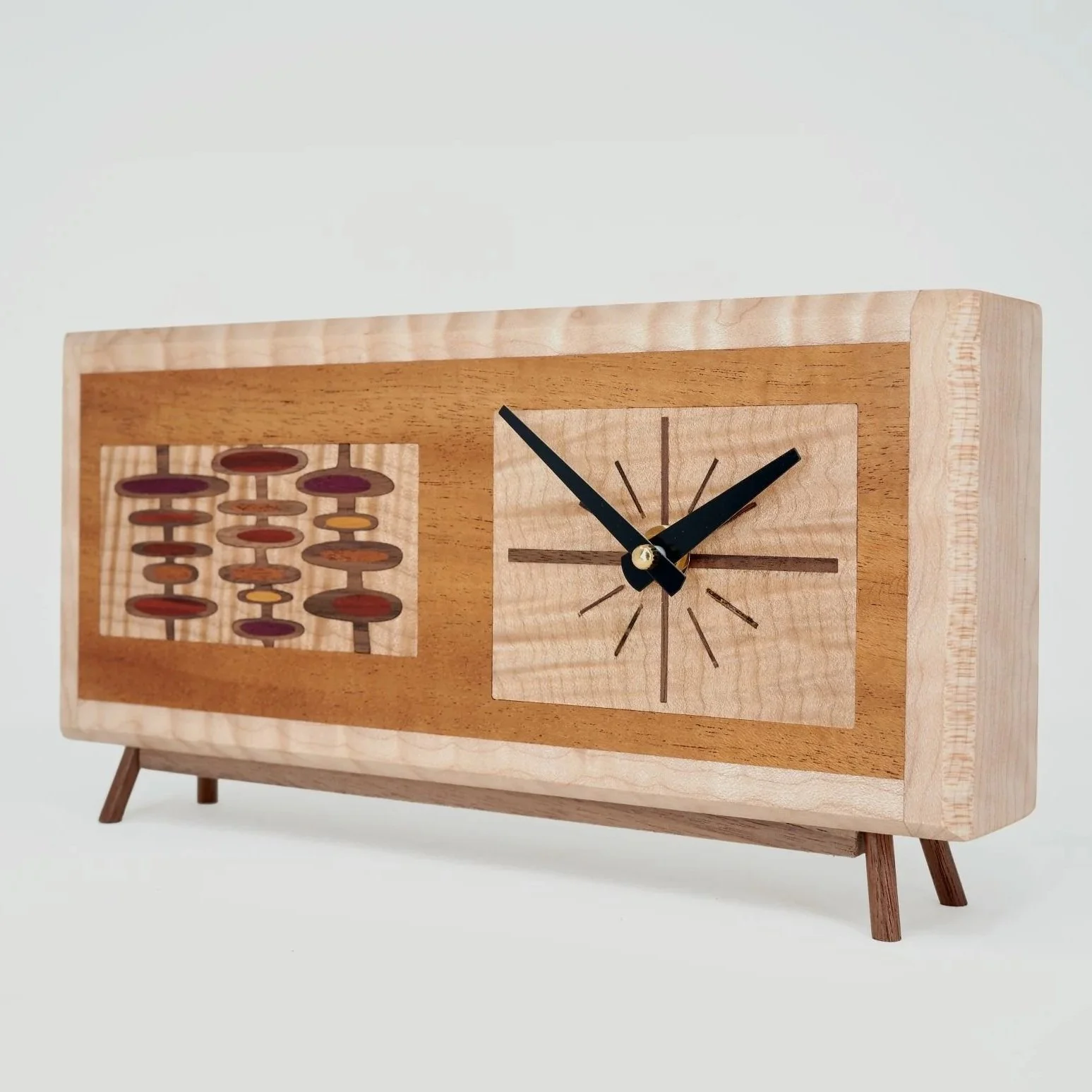 Handmade mid century wood clock with figured maple and colorful inlay
