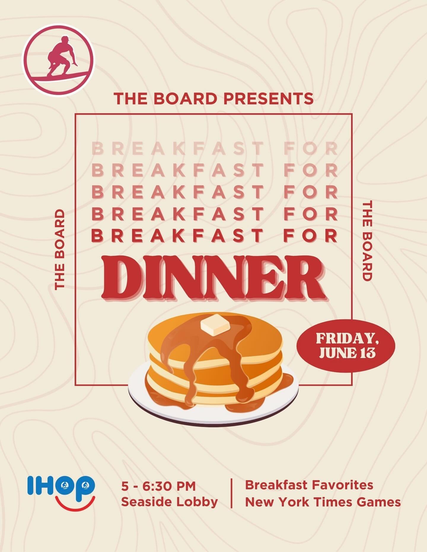 Who says breakfast has to end in the morning? 

Join us for Breakfast for Dinner, tomorrow Friday, June 13 in the Seaside Lobby from 5 - 6:30 PM! 🥓🍳 Build your perfect plate with a variety of customizable toppings, from syrupy goodness to sweet fru