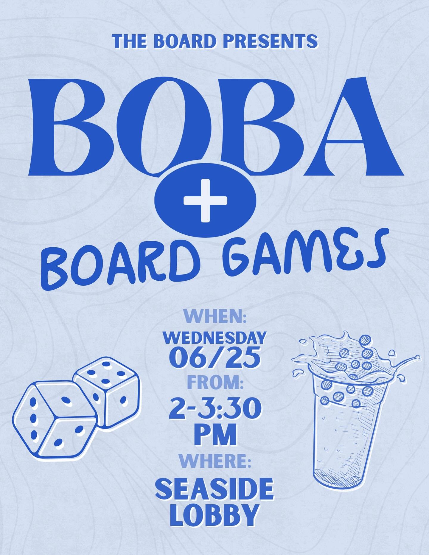 Sip on some tasty boba and enjoy your favorite board games.🧋🎲

Join us this Wednesday from 2&ndash;3:30 PM in the Seaside Lobby for Boba + Board Games! Whether you&rsquo;re a board game pro or just in it for the boba, we&rsquo;d love to hang out wi