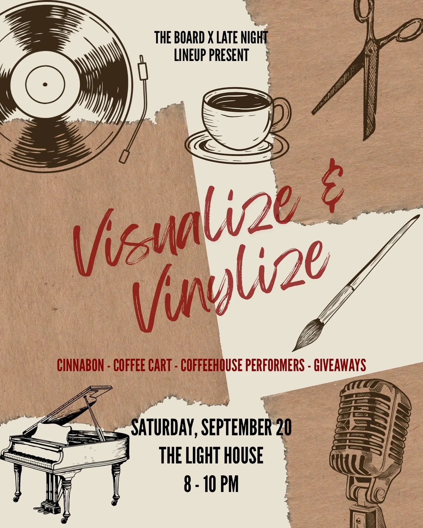 Ready for a night of music, coffee, and creativity? Join us at Visualize &amp; Vinylize! 🎶✨

This Saturday from 8 &ndash; 10 PM at the Light House, The Board x Late Night Lineup present an unforgettable evening with live Coffeehouse performers, fres