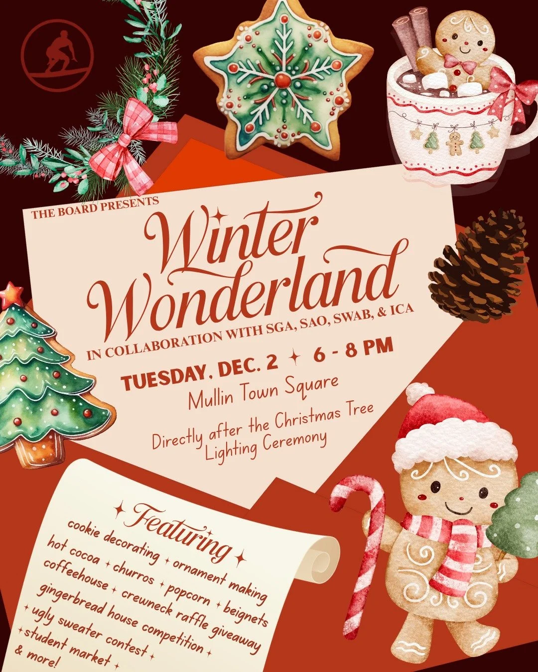 SAVE THE DATE! Winter Wonderland is happening on Tuesday, December 2, directly after the Christmas Tree Lighting Ceremony at 6PM! 

Look forward to a night filled with festivities ranging from...
🎄Crewneck Raffle Giveaway
🎄Hot Cocoa, Churros, Popco