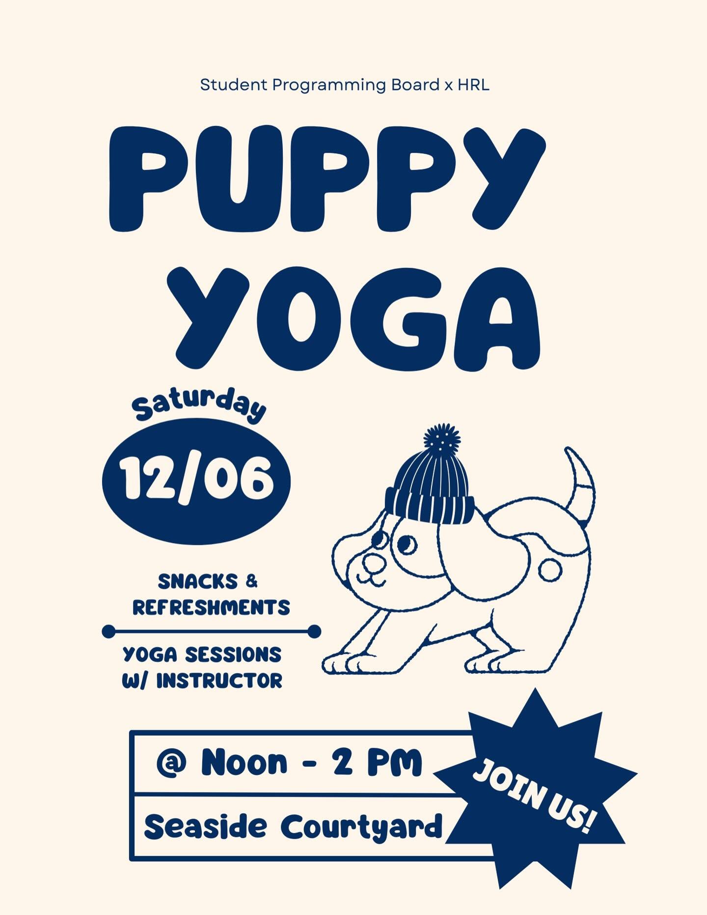 Are you ready to stretch, smile, and soak in some puppy love? Join us this Saturday for Puppy Yoga with the Board and HRL! 

This experience combines the calming benefits of yoga with the playful energy of adorable puppies. Set in Seaside Courtyard, 
