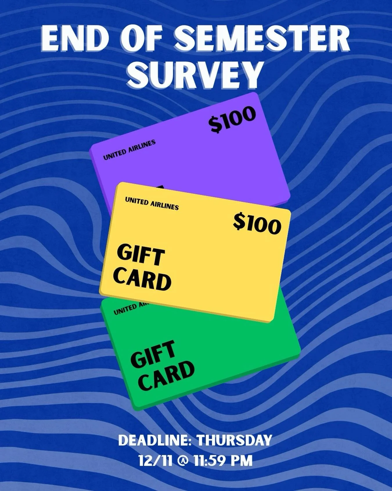 It&rsquo;s that time of year! 🎉As the semester wraps up, it&rsquo;s time for the Board&rsquo;s End-of-Semester Survey Giveaway. We&rsquo;re giving away three $100 United Airlines gift cards this fall! ✈️ Check your email, fill out the survey, and ma