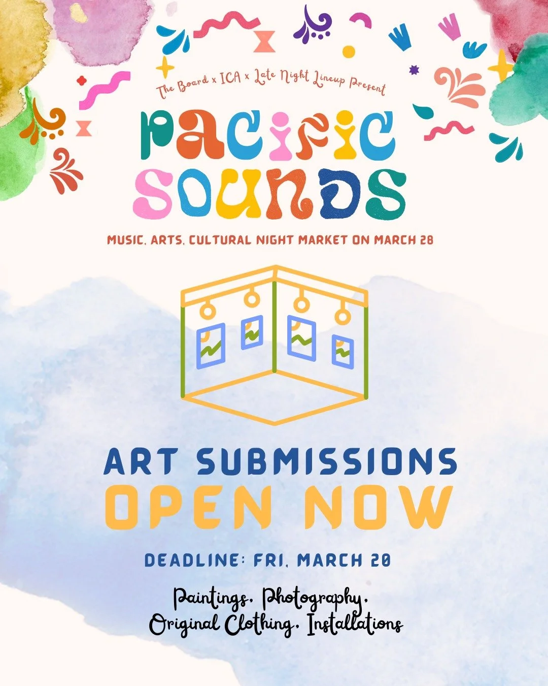 Calling all artists! 
We are having a Student Art Exhibition on March 28th! The Student Programming Board wants to feature YOUR original work, whether it's paintings, photos, original clothing designs, or installations at Pacific Sounds! Click the li