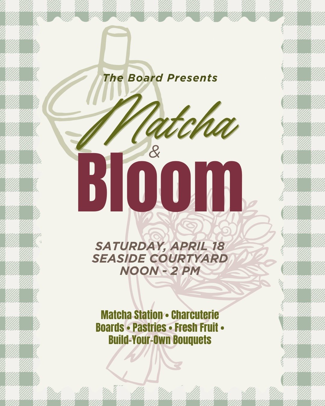 🍵🌸MATCHA &amp; BLOOM🌸🍵

Join us for a dreamy afternoon at the Seaside Courtyard from 12 PM to 2 PM! Relax with a DIY matcha bar, tea party treats, and a flower station to build your own custom bouquet.

See you there!