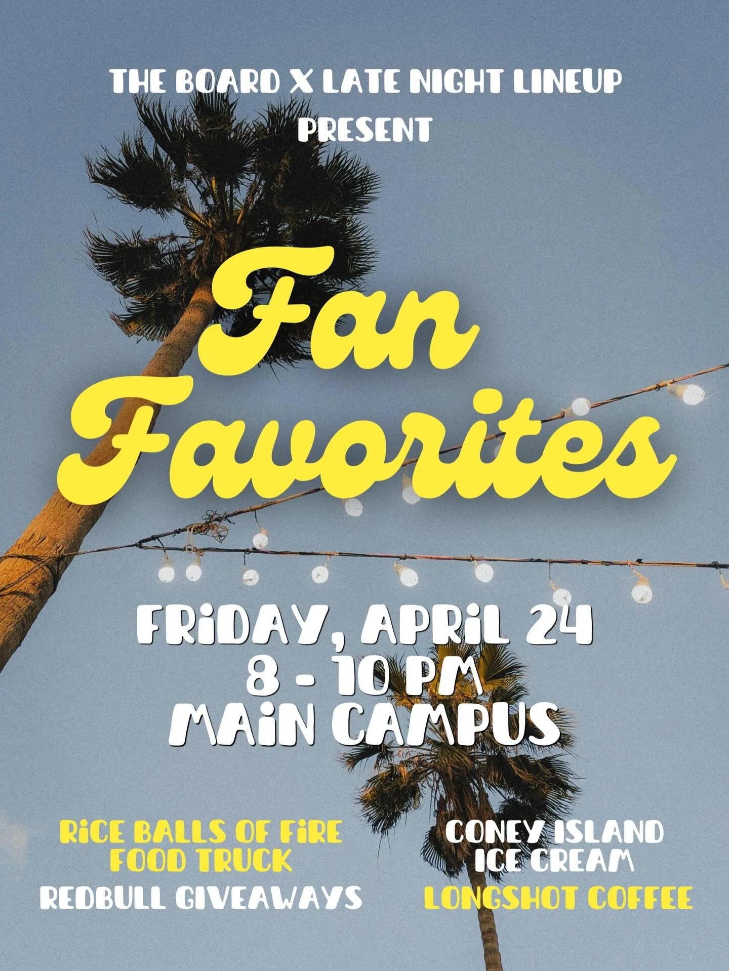 YOU DESERVE A BREAK! Take a second from finals prep &amp; join the Board &amp; Late Night Lineup TOMORROW for all of your FAN FAVORITES. Enjoy @longshotcoffee , @riceballsoffire , Red Bull &amp; Coney Island Ice Cream @ Mullin Town Square from 8 - 10