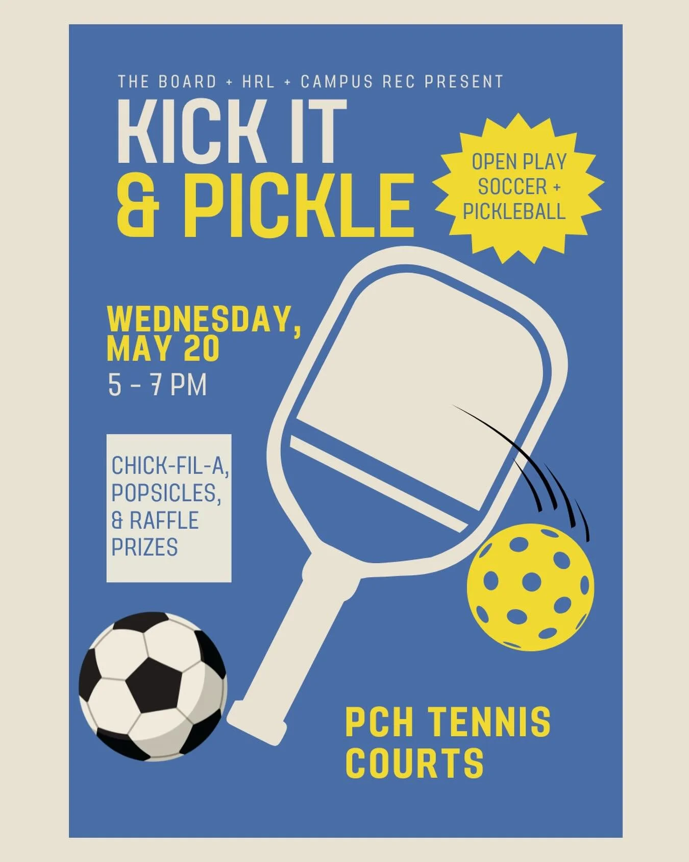 New arena alert! 🚨🏟️⚽️

Be the first to step onto the field. Join us TOMORROW (Wednesday, May 20), for Kick It &amp; Pickle - the inaugural event at the brand-new soccer arena next to the PCH Tennis Courts!

⚽️ Open Play Futsal/Soccer in the new ar