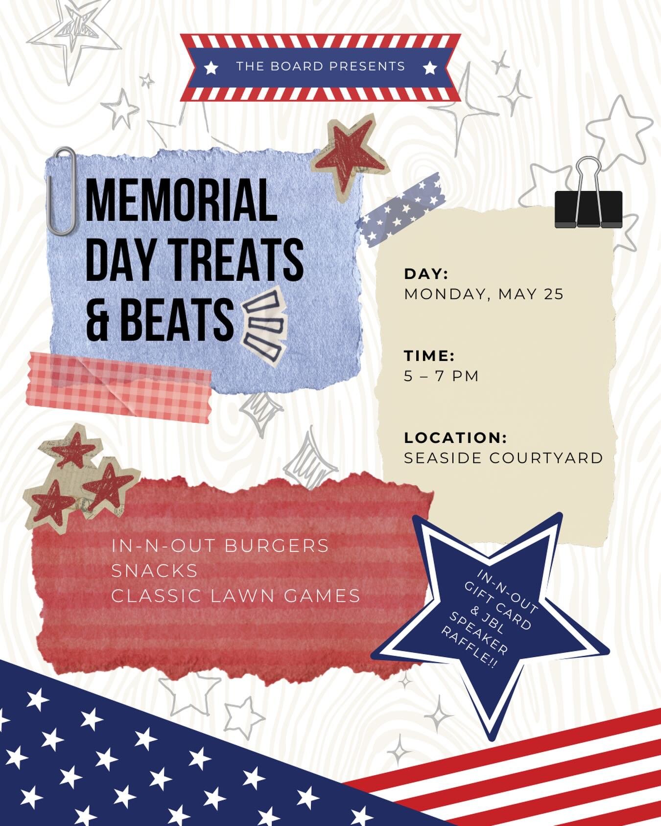 POV: It&rsquo;s Memorial Day Monday and you don&rsquo;t have to worry about dinner 🤩🍔

Join us this Monday (5&ndash;7 PM) at the Seaside Courtyard for Treats &amp; Beats! We&rsquo;ve got the ultimate summer spread waiting for you: In-N-Out burgers,