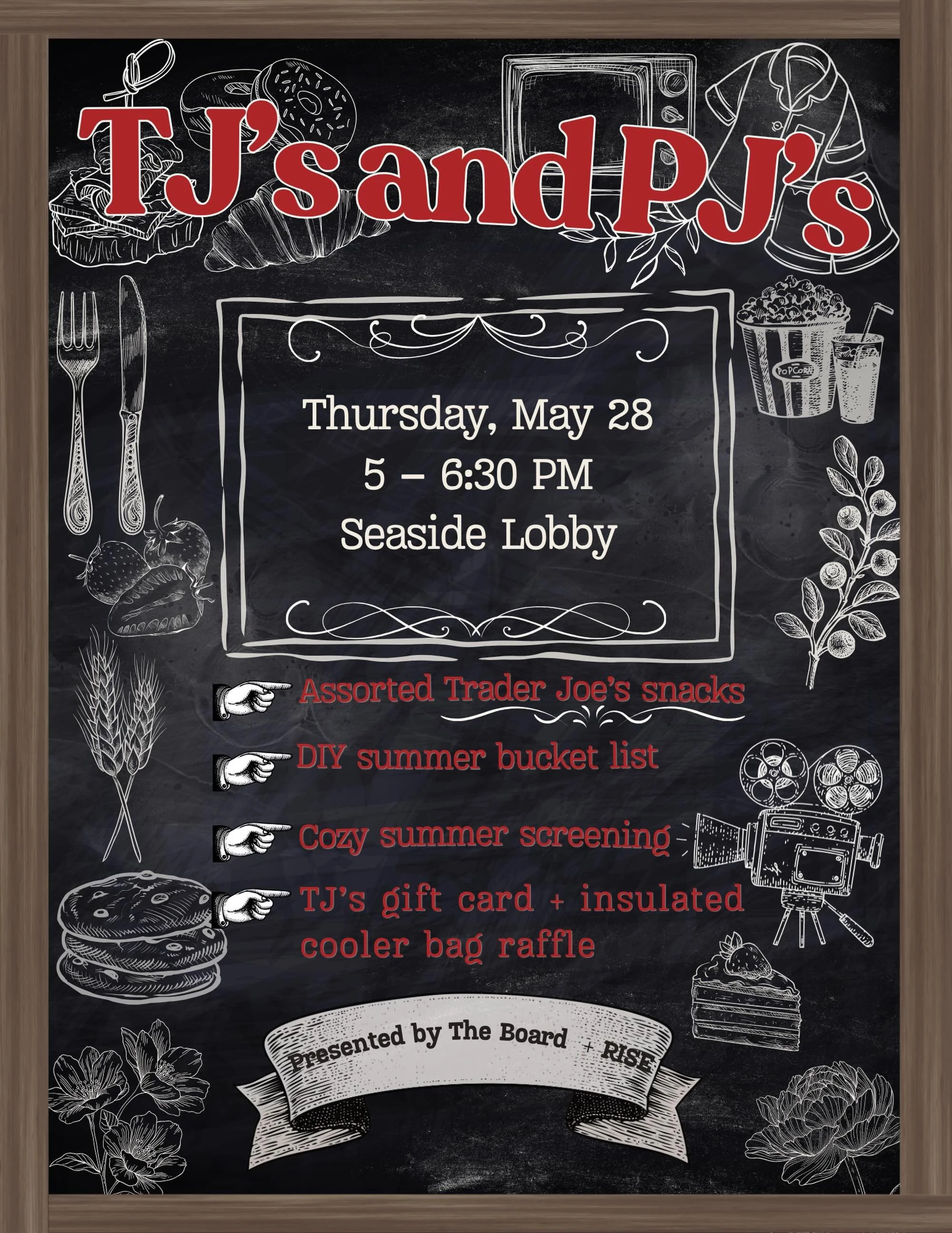 Feeling stressed out about classes? Come relax with an evening of TJ&rsquo;s and PJ&rsquo;s!

Come to the Seaside Lobby in your coziest pajamas from 5 &ndash; 6:30 PM on Thursday, May 28 to enjoy&hellip;
🍪 an expertly curated selection of Trader Joe