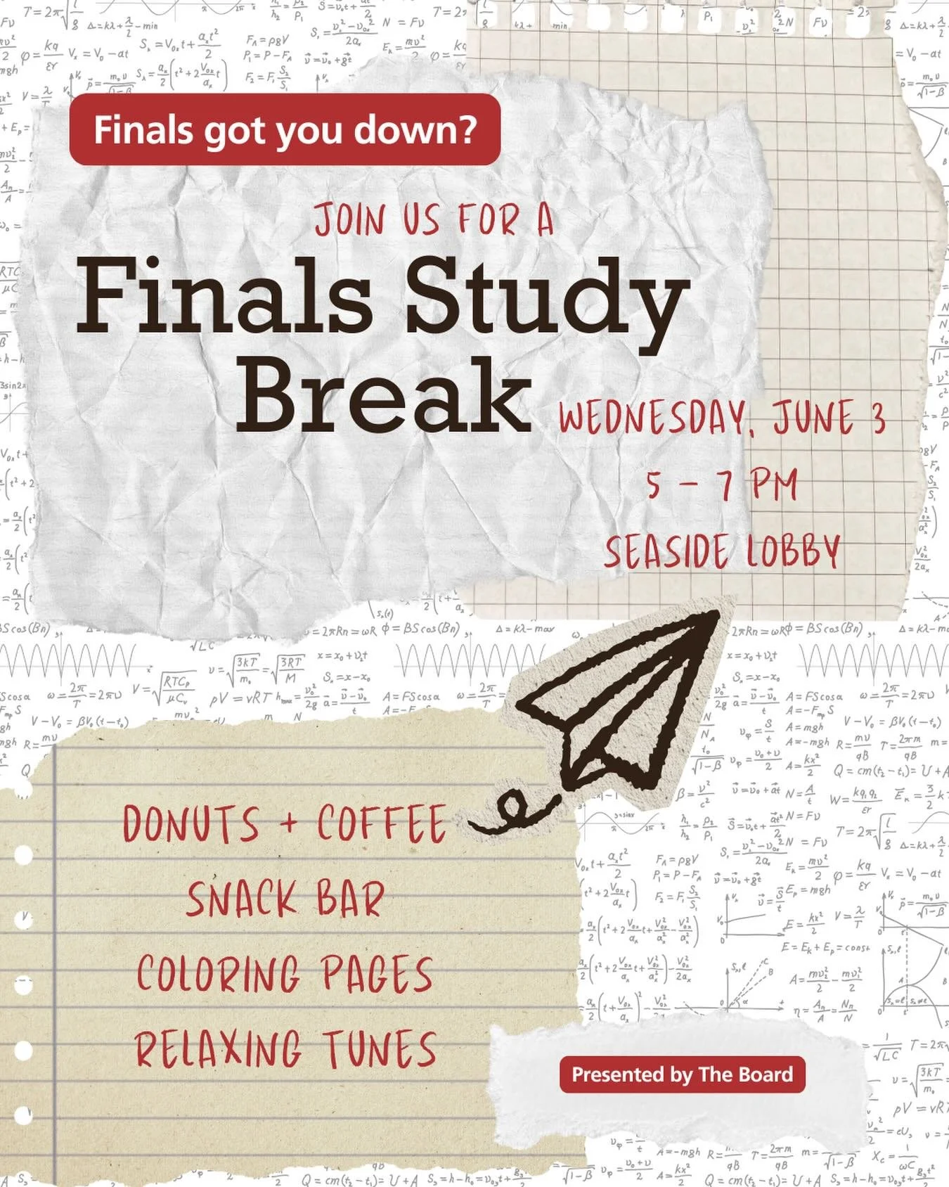Take a break from locking in✏️! Come grab a snack on the go or stay and color at our finals study break this Wednesday from 5 &ndash; 7pm! Enjoy coffee☕ and donuts🍩 alongside other yummy snacks😋 and relax with fun music🎶 and cute coloring pages🎨.