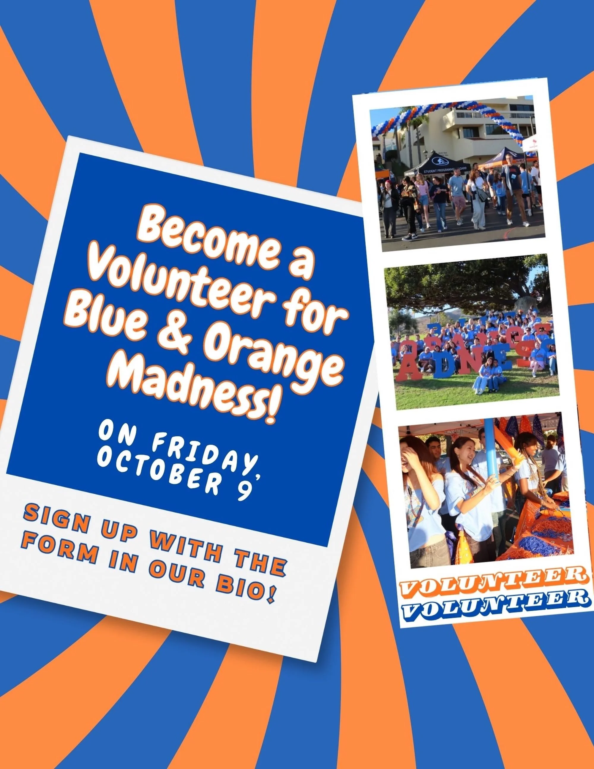 Pepperdine students, are you ready?! 👀
Blue &amp; Orange Madness is coming up! 🎉 Join us on Friday, October 9 and help us bring the event to life, create great energy, and get a behind-the-scenes look into the Student Programming Board! 💙🧡 Click 