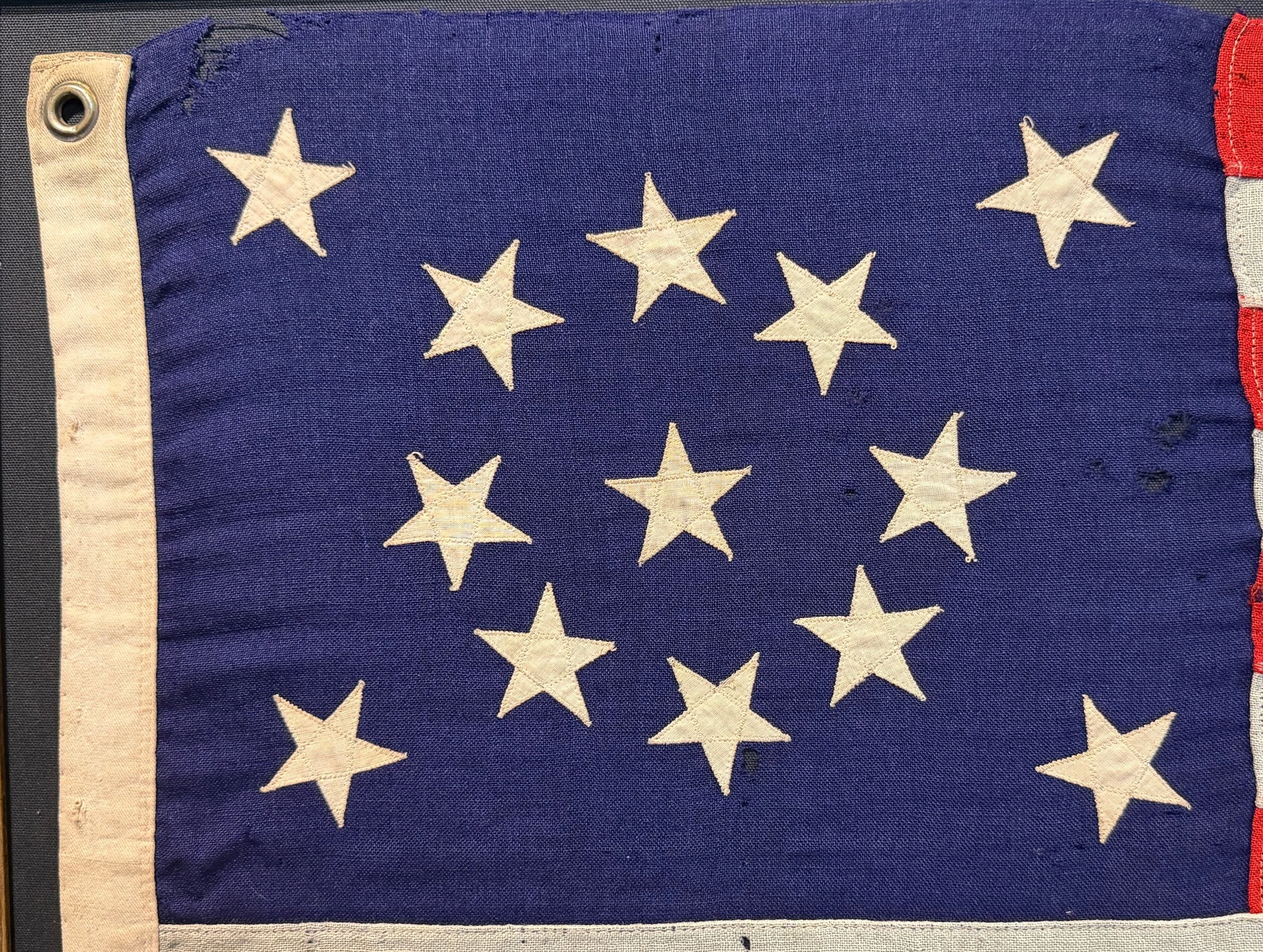 Antique American 13 Star Medallion Pattern Flag, detail of canton