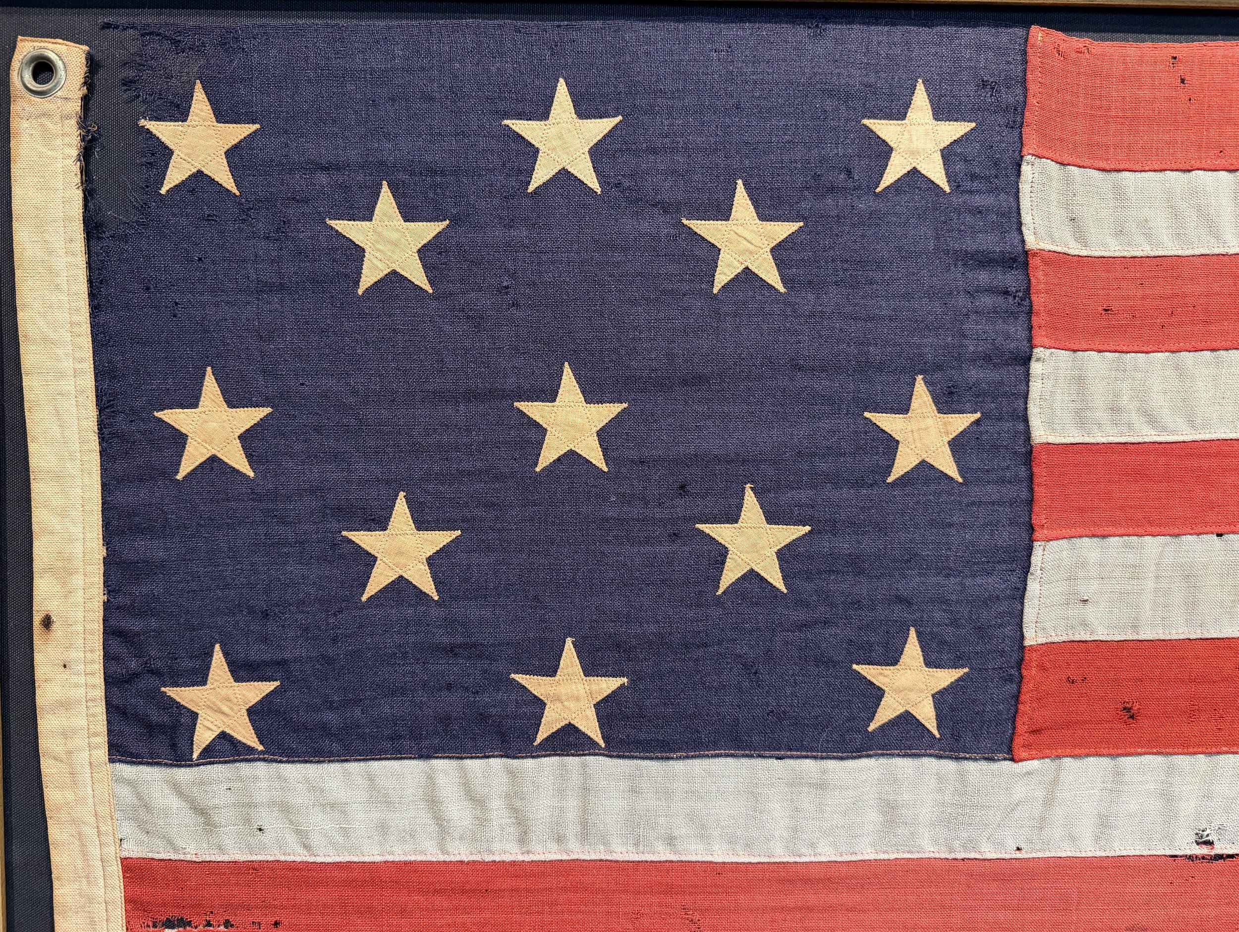 13 Star American Flag, Wood Bunting 1892-1920's. Close up of canton. 