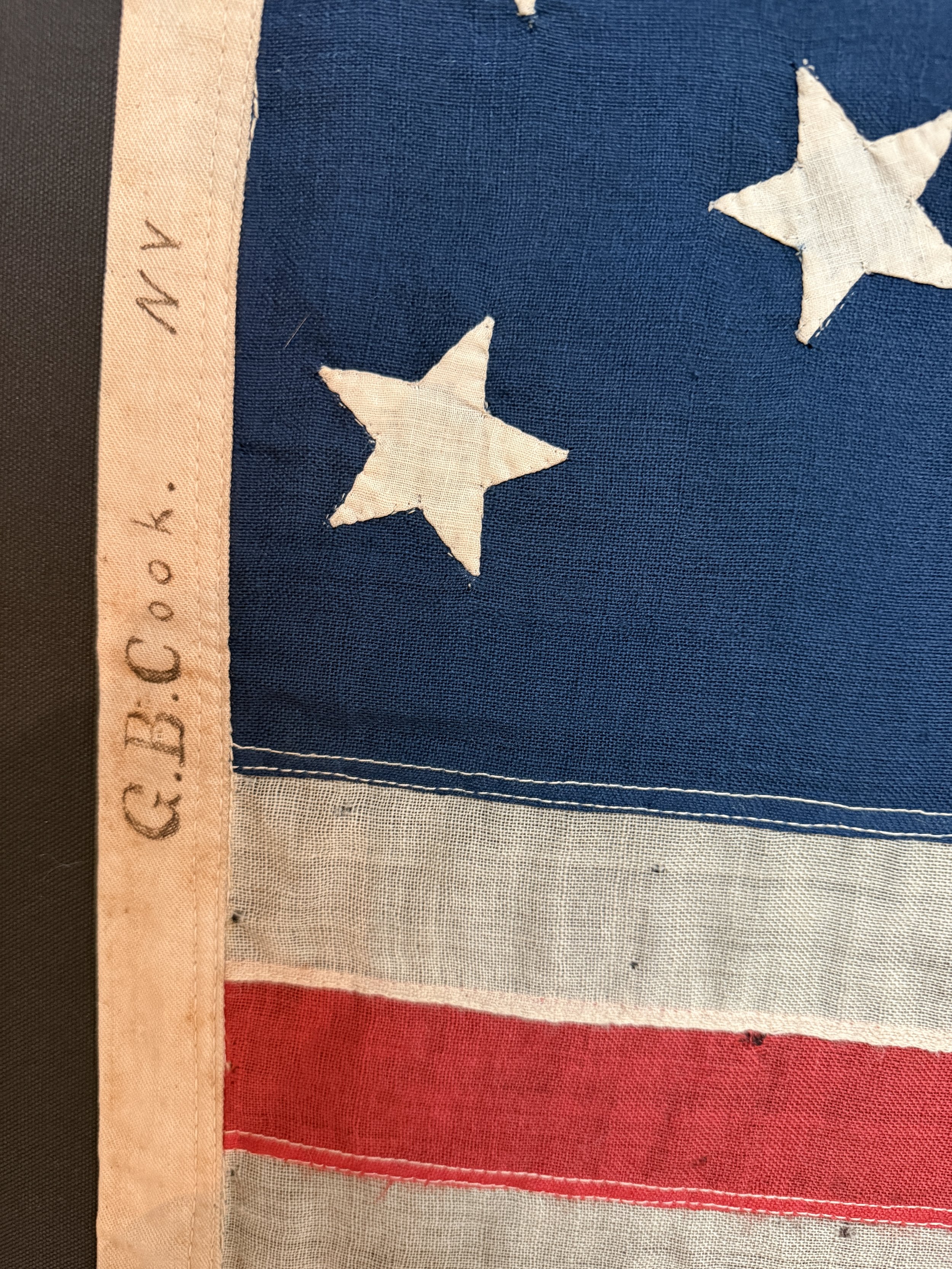 Antique 13 Star Flag, Hand Sewn Stars. Owner G.B. Cook, N.Y.