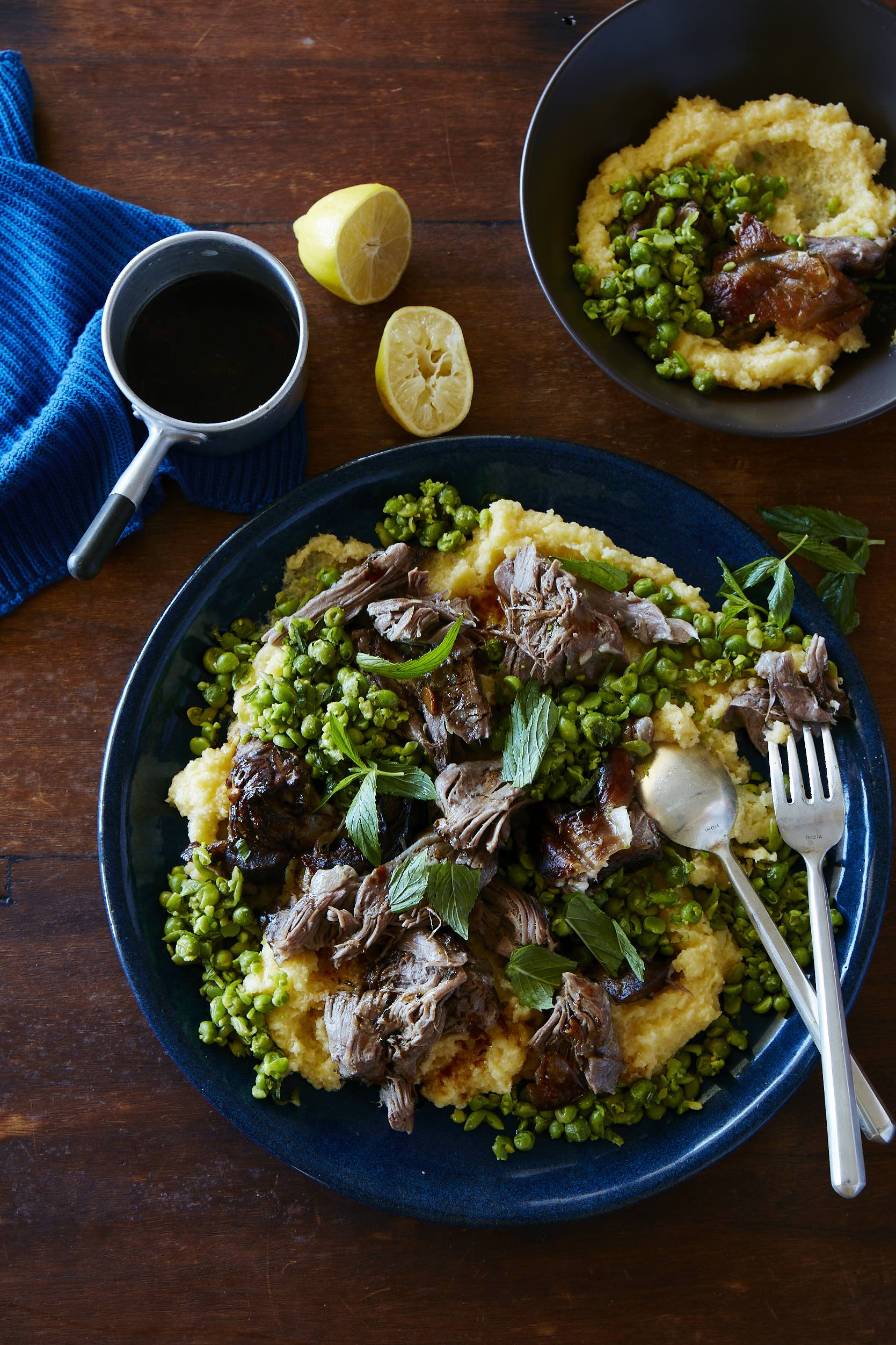 Braised Lamb Shoulder with Creamy Polenta and Smashed Minted Peas