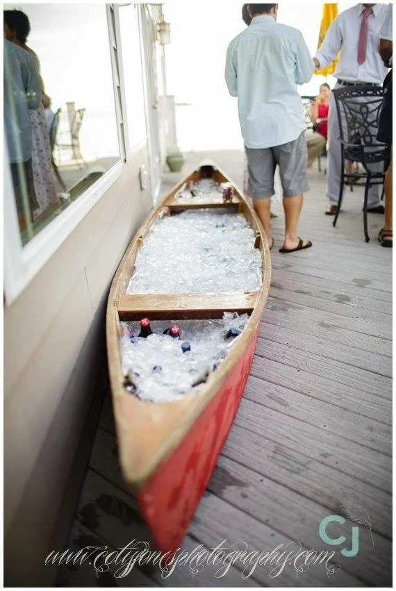One of my "add-ons" available - a vintage wooden canoe that makes the perfect beverage cooler for cocktail hours and outdoor receptions!