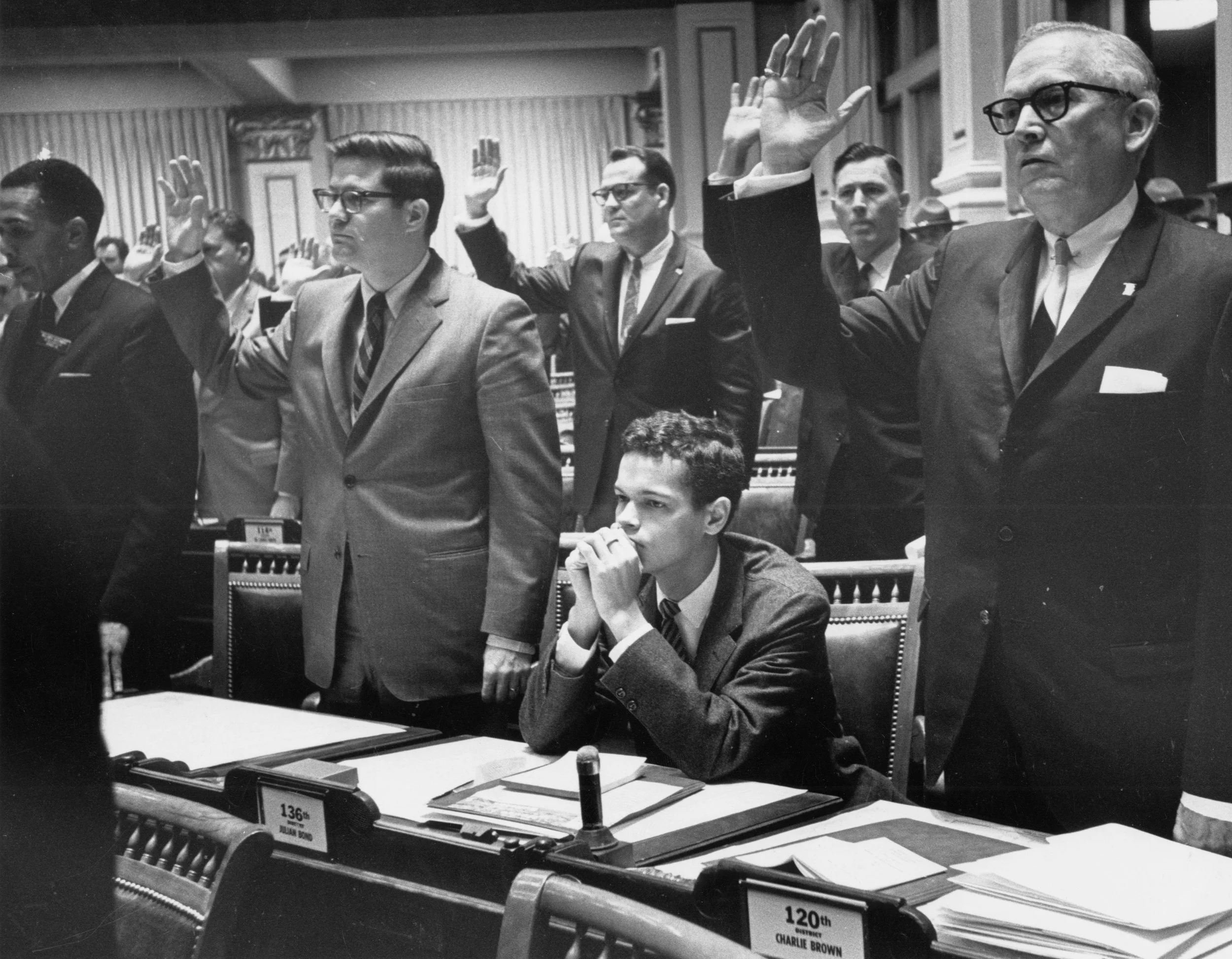 PAGE 97: JULIAN BOND WAS BANNED ON JANUARY 10, 1966, FROM TAKING HIS SEAT IN THE GEORGIA HOUSE OF REPRESENTATIVES BECAUSE OF HIS SUPPORT OF SNCC'S ANTI-WAR STANCE ON VIETNAM (PERMISSION OF THE ASSOCIATED PRESS).