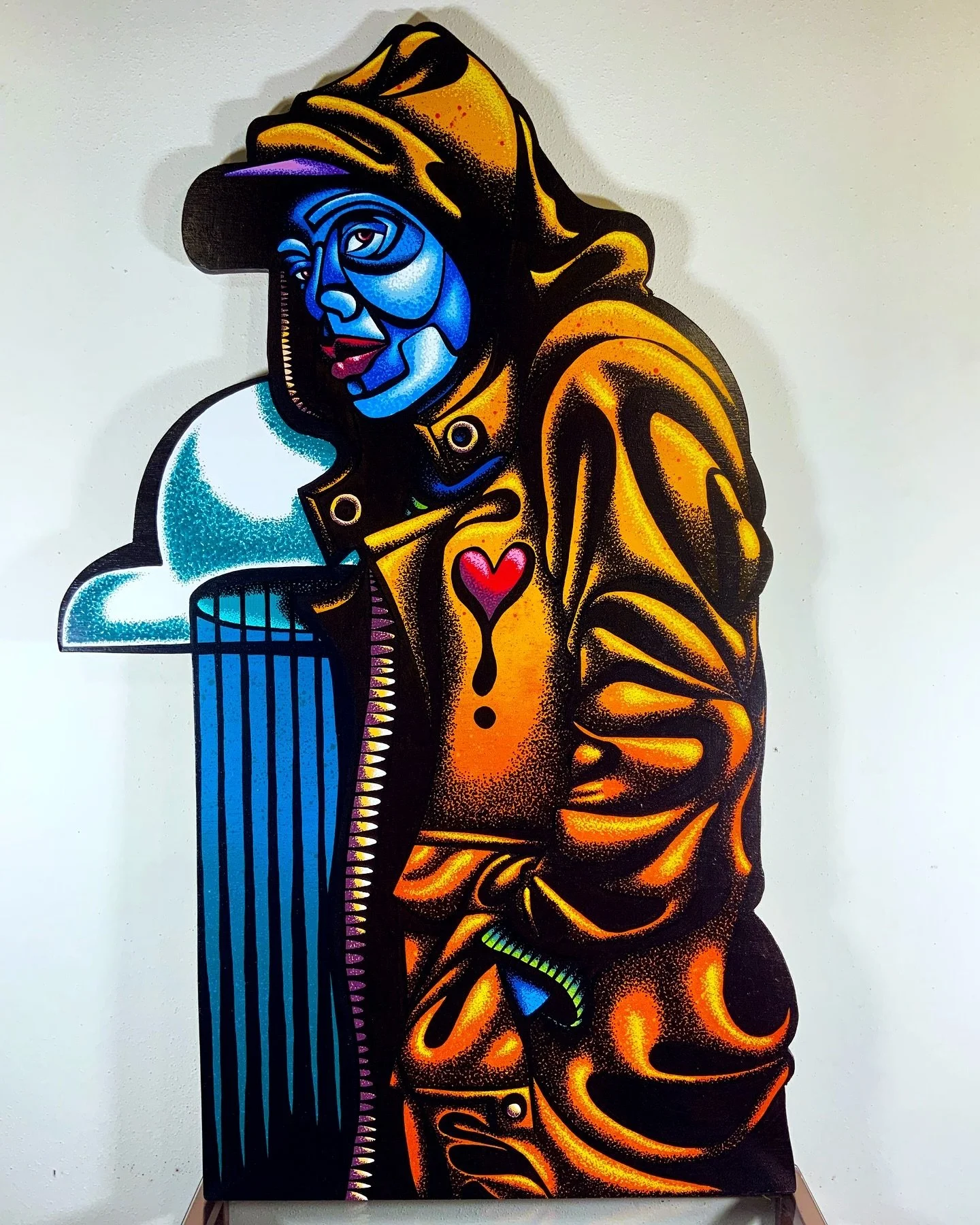 &ldquo;Rain Coat&rdquo; spray paint and paint markers on wood. My most recent attempt at marking a wood cutout painting and I think my skills might have improved since the last one. I&rsquo;m especially happy with the saturation and contrast of the c