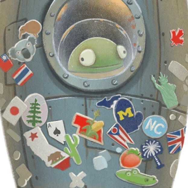 It's been just over a year since our Kickstarter for #BoysDontFly successfully funded! Here's a close-up of the bookmark Ryan designed for all of our backers with Frog blasting off to space.

To celebrate, we've marked the books down to $12.99 for a 