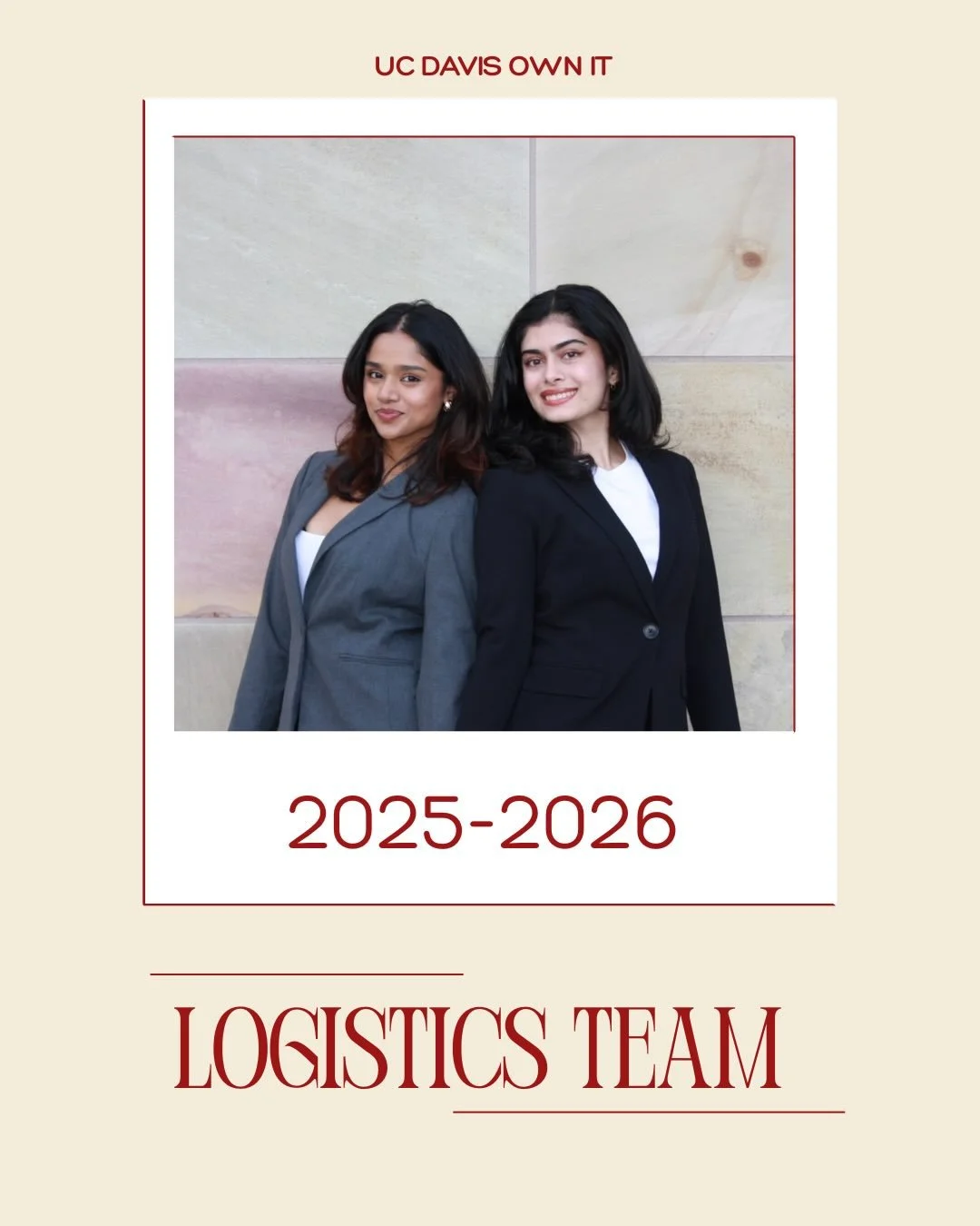 Introducing our 2025-2026 OWN IT Logistics Team!&hearts;️

Meet Aaina Kapur and Diya Simha! They are responsible for ensuring all ideas and visions are possible within budget, layout and more. 

Aaina Kapur: @aainakapur2k4 
Diya Simha: @diya_simha 

