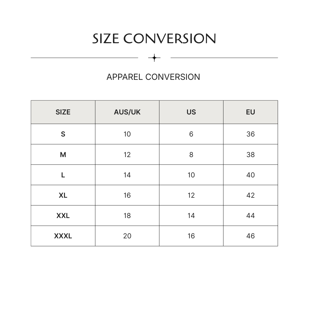 Size conversion chart for clothing, comparing Australian/UK, US, and EU sizes across xs to 3xl.