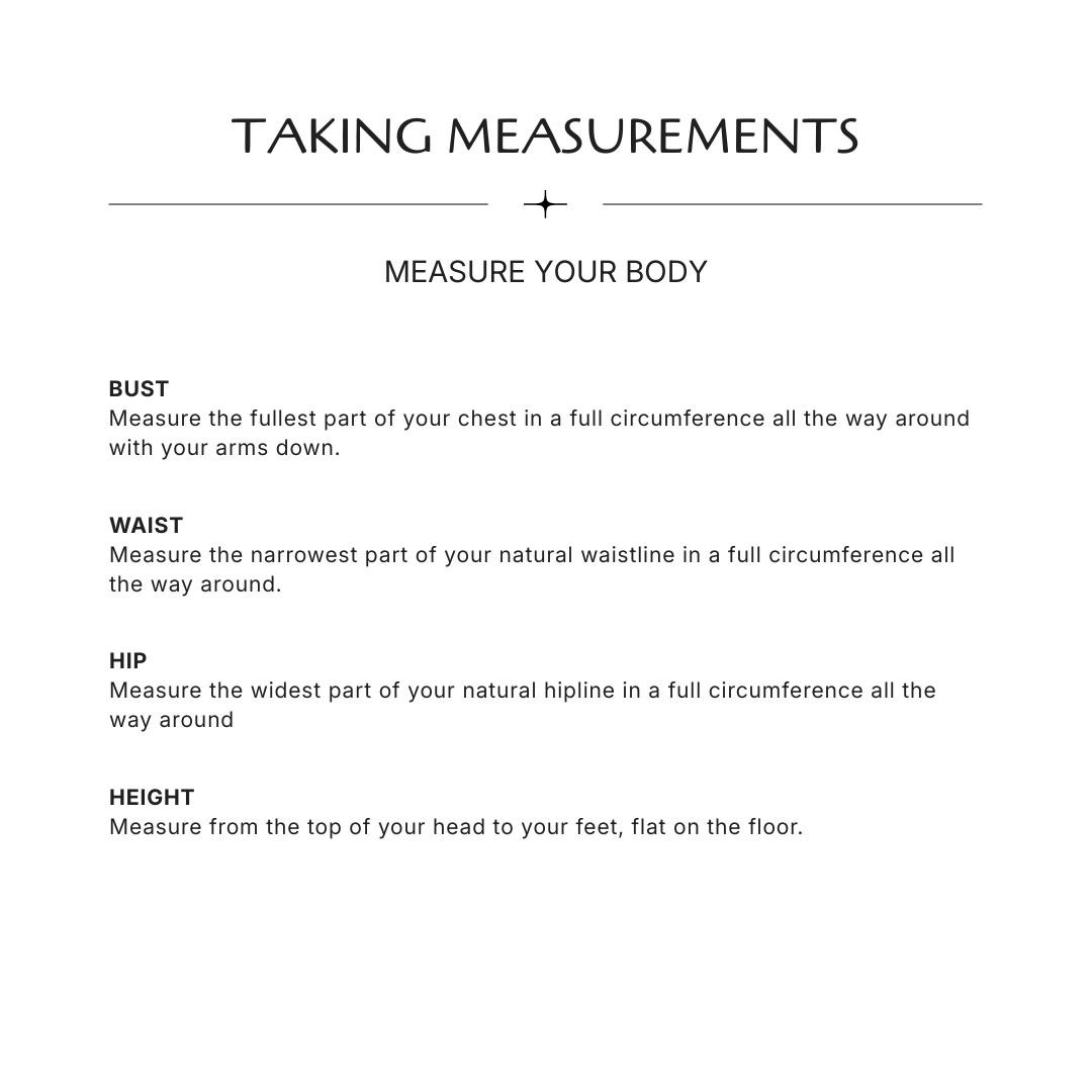 A guide on how to take body measurements, including instructions for measuring bust, waist, hip, and height.