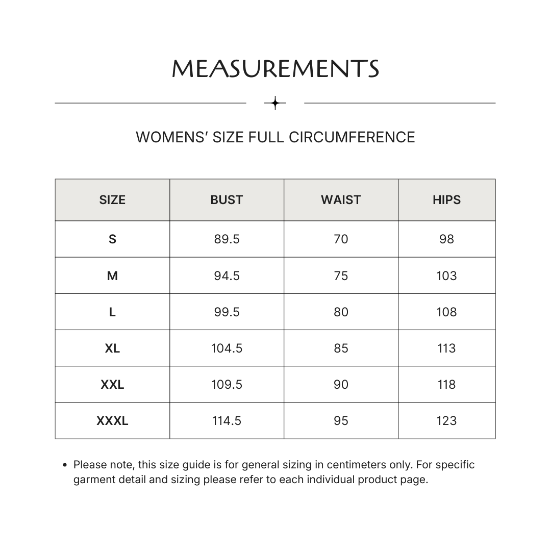 Size chart for women's clothing showing bust, waist, and hips measurements in centimeters for sizes small to XXXL.
