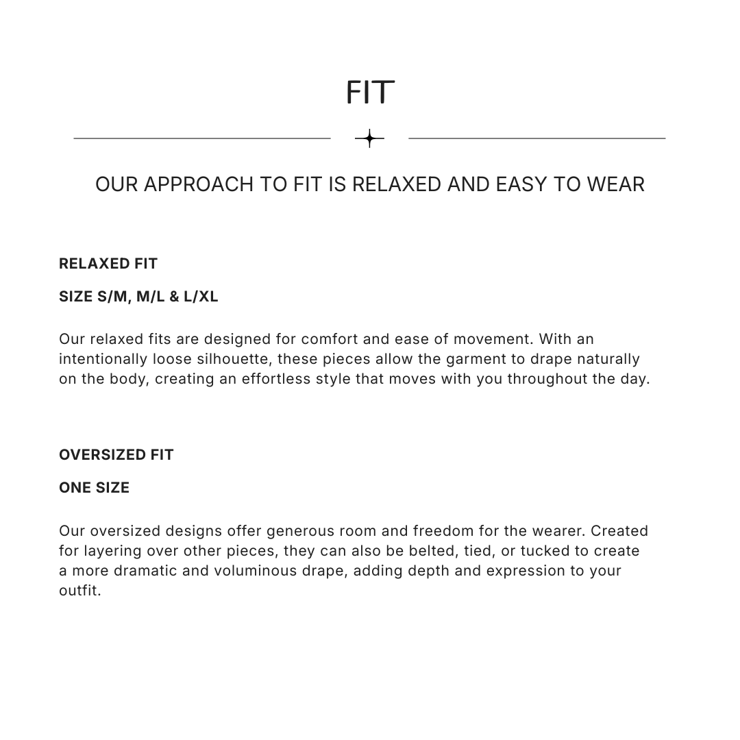 Product description page for Fit clothing, explaining relaxed and oversized fits, available sizes S/M, M/L, L/XL, and one-size oversized options.