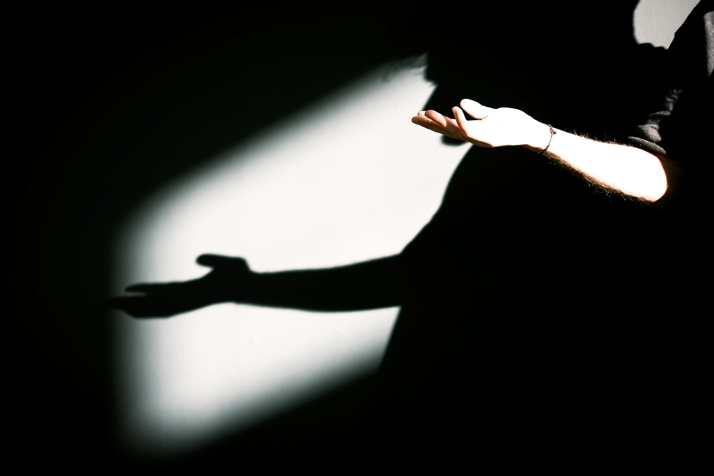 A person's upper body and arm are shadowed against a wall, with their hand extended and receiving light on the palm, creating a stark shadow on the wall.