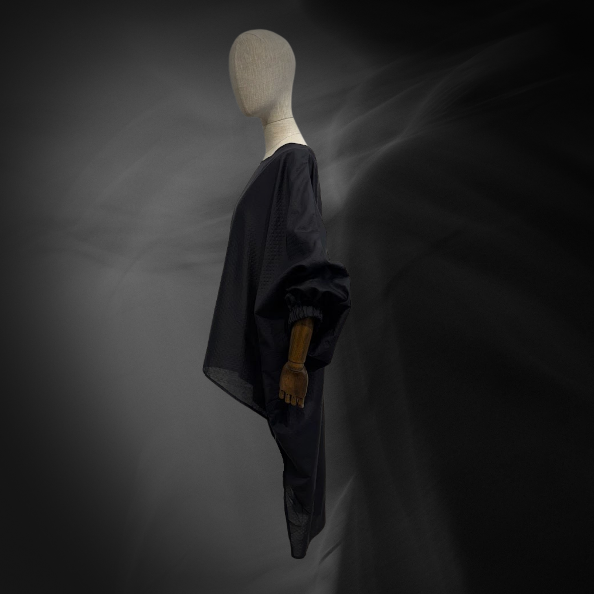 A mannequin dressed in a black, semi-transparent, long-sleeve top, swirling background.