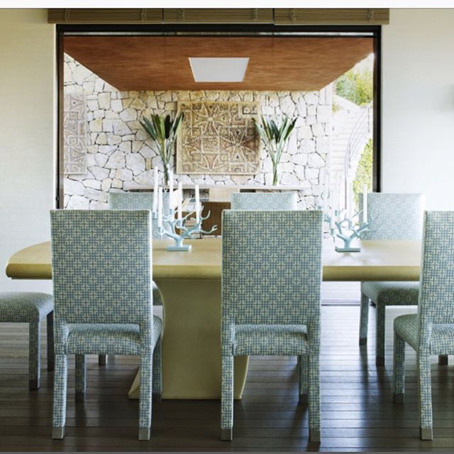 Beautifully layered interior by @kirill_istomin. Villa on France&rsquo;s C&ocirc;te d&rsquo;Azur, Istomin took inspiration for the custom chairs from 1970&rsquo;s. The table is a Pagoda Dining Table in natural Goatskin Parchment by @karlspringerltd. 