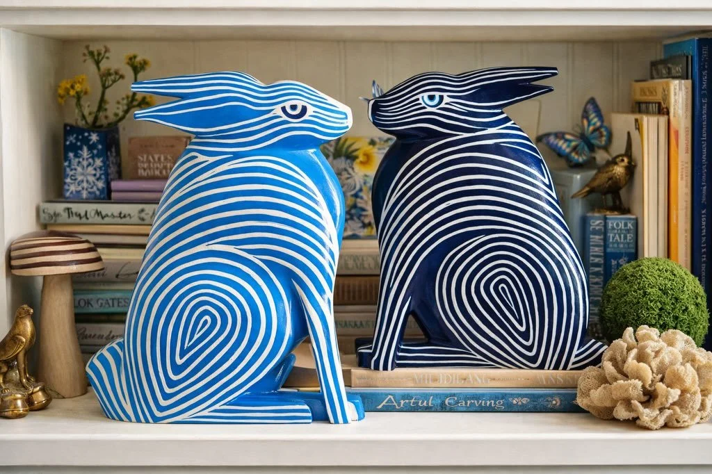 Fun little ai mock up of my two little blue bunnies. I was terrible at pottery in art school ( me and clay texture are not friends 😬) so this is a sensory friendly substitute. Swipe to see original art. #mockup #illustration #bunny #blue