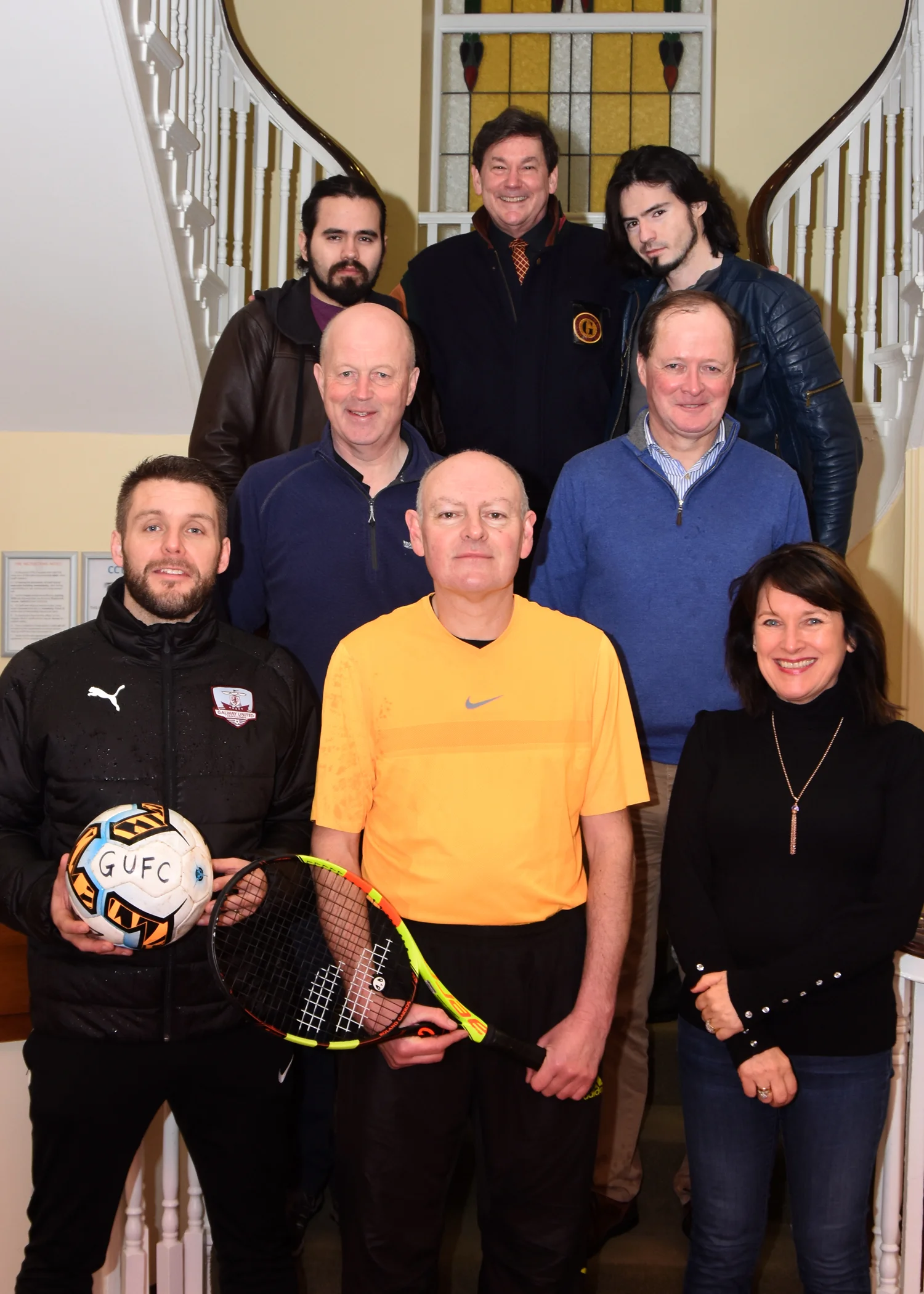 Front l-r: Alan Murphy, Galway United, Mike Geraghty, Tennis Coach, Breda Crehan-Roche, CEO, Ability West Middle l-r: Ray Kelly, Chairman, Ability West, Richard Hughes, Hughes Opticians Back l-r: Guillermo Lara Franco, BARDON, Michael Duke, Community Development Officer, Ability West, Cesar Lara, BARDON