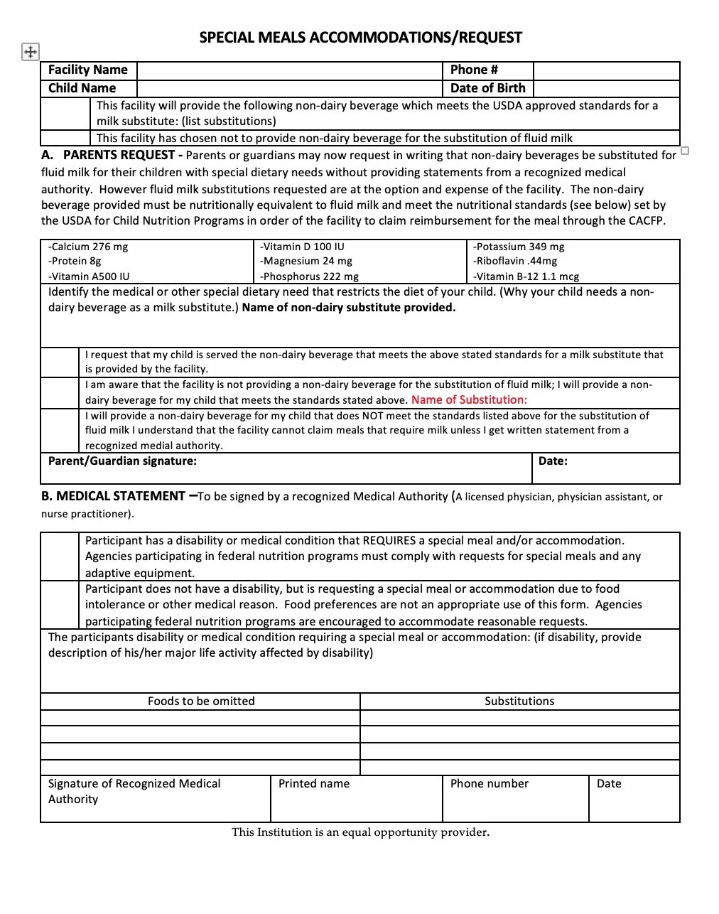 Enrollment Roster Food Program Nutrition — Red River Child Care Food Program