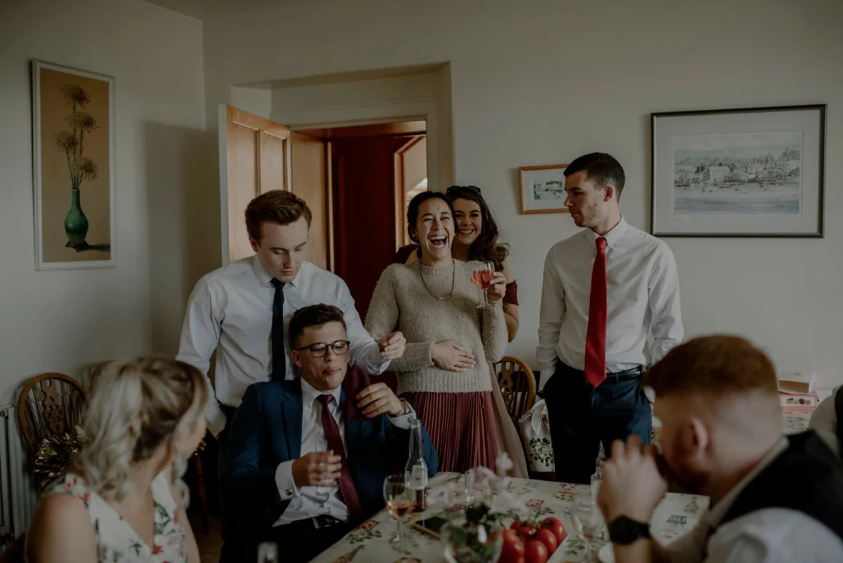 wedding party in kitchen